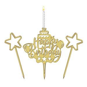 생일 파티 장식용 케이크 토퍼 캔들, 아크릴 황금색, 윅 2개 (별 2개)