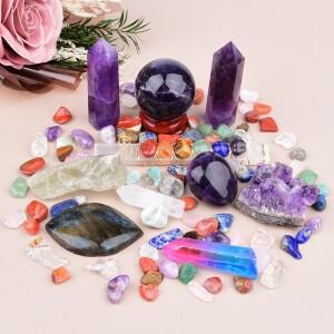 다양한 천연 크리스탈 세트 (포인트 구체 클러스터 크러쉬드 스톤 포함) 레이키 힐링 컬렉션 홈데코 수집