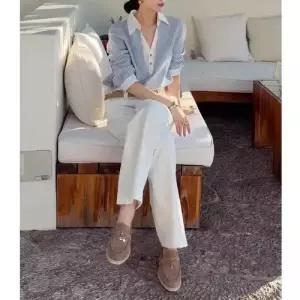 여성용 봄옷 세트 예쁜 한 정장세트 가벼운 스트라이프 우아하고 핏예쁜 셔츠 바지. 벌이 인기1