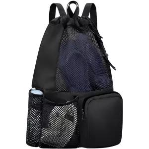 Lifwimner 수영 가방 메시 비치 드로스트링 백팩 습식 포켓 방수 체육관 운동 남성 여성용 (블랙) 899683