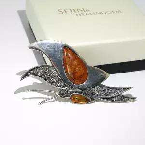 감성 나비 브로치 호박 앰버 원석 실버925 유니크 포인트 선물 추천