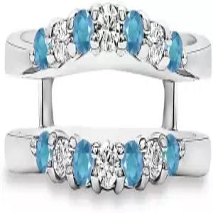 라운드 컷 블루 토파즈 다이아몬드 웨딩 인핸서 가드 밴드 14K 골드 피니시 여성 랩 링 925 실버