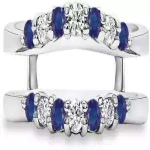 925 실버 라운드 컷 블루 사파이어 다이아몬드 강화 가드 링 14K 골드 피니시 여성용 웨딩 랩 밴드