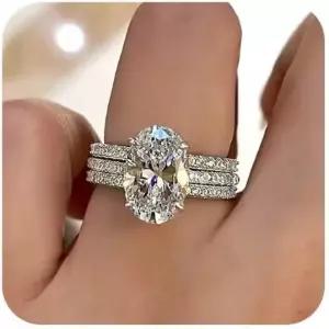 여성용 HUGVBCO 3PC 웨딩 링 세트 14K 화이트 골드 도금 마르퀴즈 컷 CZ 약혼 스털링 실버 브라이덜 기념일