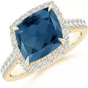 앙가라 내추럴 런던 블루 토파즈 헤일로 반지 여성용 14K 옐로우 골드 사이즈6.5 A등급 9x7mm 12월 탄생석