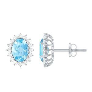 정품 0.8캐럿 아쿠아마린 다이아몬드 귀걸이 실버, AAA 품질, 인증 스터드 (선물용으로 이상적임)