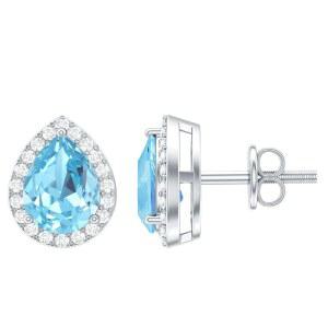 실버, AAA 품질, 인증된 아쿠아마린 스터드의 정품 1캐럿 다이아몬드 귀걸이 - 여성용 선물