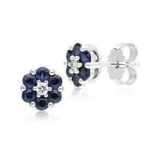 Gemondo USA 14K 화이트 골드 라운드 블루 사파이어 & 다이아몬드 클래식 플라워 스터드 귀걸이