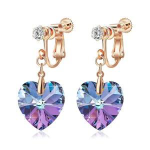 오스트리아 크리스탈 하트 드롭 클립, 여성용 비 피어싱 14K 로즈 골드 도금 저자극 주얼리용 당글 귀걸이에 부착