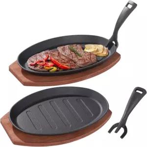 토요스포츠 2종 세트 나무 트레이 포함 무쇠 프라이팬 탈착식 손잡이 파히타 바비큐용 타원형 지글링 접시