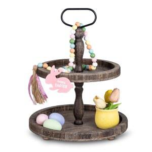 머스트리 러스틱 나무 2단 트레이, 원형 농가 주방 테이블 장식 서빙 티어 푸드 과일 컵케이크 디스플레이 커피 바 홈 파티 시즌 장식(브라운)