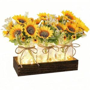 루어 메이슨 병 조명 센터피스 테이블 장식: 다이닝 룸 u2013 농가 목재 트레이, 3개의 병, 노란 인공 해바라기, 커피 테이블, 주방, 거실용 홈 장식