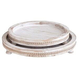 구슬 디자인의 MACVAD 2피스 화이트 워싱 나무 서빙 트레이 세트, 농가 중심 테이블 장식, 거실 홈 장식용 원형 커피 트레이, 소박한 스타일을 위한 오스만 장식