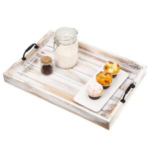 러스틱 빈티지 빅 우드 푸드 아침 식사 트레이와 컷아웃 금속 손잡이(20인치)가 있는 대형 네스팅 보드 장식용 서빙 트레이 플래터, 오스만, 커피 테이블, 바비큐, 파티(워시드 화이트)