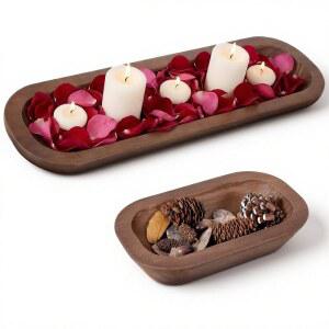 릭시르 나무 반죽 그릇 2개, 빵 긴 그릇, 장식용 테이블 중앙 길고 좁은 쟁반, 홈 데코(10 x 6 인치, 16 갈색)