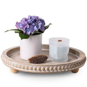 나시도카 장식용 커피 테이블 트레이, 둥근 나무 트레이 장식 - 베이지 비즈 디스트레스 소박한 농가 다이닝 룸 입구 주방 카운터 거실용 센터피스