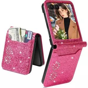 Fofvccv 삼성 갤럭시 Z 플립 7 케이스, 카드 홀더 포함, 여성용 블링 글리터 프리미엄 가죽 지갑 폰 케이스