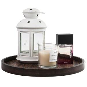 나무 질감의 소박한 원형 장식 커피 테이블 트레이 농가 주방 카운터 홈용 보호 오스만 서빙 트레이(다크 브라운)