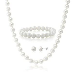 젬 스톤 킹 컬처드 담수 화이트 펄 목걸이 귀걸이 및 팔찌 여성용 주얼리 세트 | 925 스털링 실버 완벽한 신부 선물 엄마 아내를 위한 고급