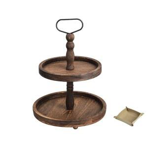 농가 나무 장식 2단 트레이 + 퓨 가죽 트레이, 소박한 테이블 중앙피스, 주방 장식, 커피 바 또는 컵케이크 스탠드(브라운)를 위한 목재 서빙 스탠드