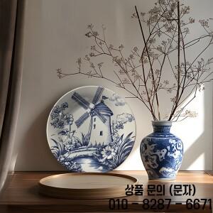1개입 네덜란드식 풍차 세라믹 장식 접시   유럽풍 빈티지 핸드페인팅 원형 아르데코 벽걸이