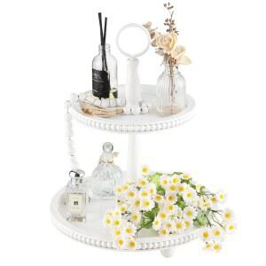 구슬 장식 트레이 스탠드, 갈랜드가 있는 소박한 나무 2단 트레이, 커피 바 홈 데코 홀리데이 집들이 선물용 농가 원형 서빙 카운터 피스 (흰색)