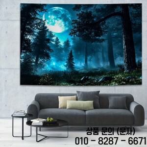 고딕 숲 달 태피스트리 벽걸이   보름달 어두운 나무와 파란색 톤의 신비로운 밤 장면 폴리에스테르 직물