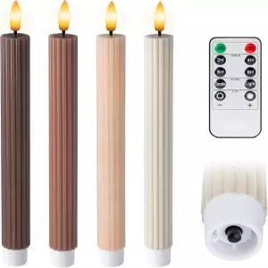 WYZworks 코디네이션 초콜릿 모카 브라운 4팩 10인치 리얼 왁스 LED 불꽃 없는 플리츠 리브드 홈 테이퍼