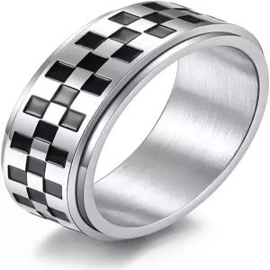 남성용 애니주피 불안 링 여성용 스테인리스 스틸 스피너 8mm 흑백 그리드 레이싱 플래그 디자인 스트레스