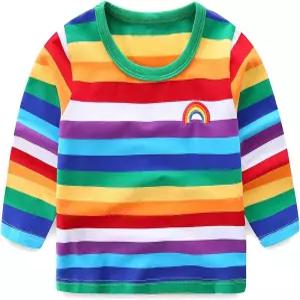 소년 레인보우 스트라이프 셔츠 면 긴팔 티셔츠