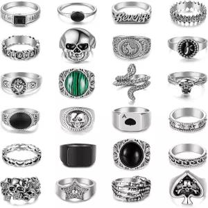 베골리타 24PCS 남성용 펑크 링 세트 빈티지 쿨 고딕 슬리버 히피 스태킹 너클 해골 뱀 포커 팩