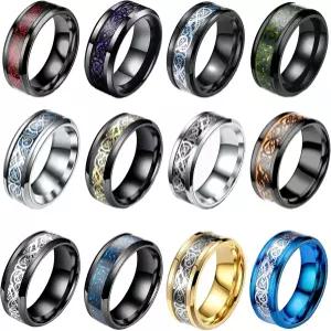 남성용 SAMOCO 12개 8mm 스테인리스 스틸 링 여성용 셀틱 드래곤 베벨 엣지 블랙 카바이드 웨딩 밴드 세트
