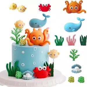 생일 케이크 토퍼를 위한 10PCS 오션 수중 세계 장식 애니멀 귀여운 문어 고래 및 게 피규어 오렌지