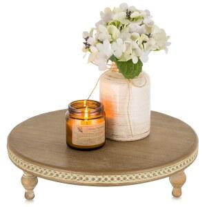 하노베 원형 장식 트레이 스탠드: 커피 테이블 홈 데코 주방 욕실 카운터용 구슬 빈티지 나무 받침대 라이저 농가 디스플레이 홀더