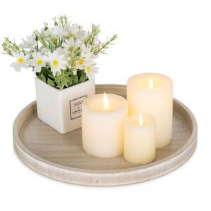 하노베 캔들 플레이트 홀더 트레이: 화이트워시 원형 나무 장식 센터피스 거실 다이닝 커피 테이블 홈 데코용 작은 청록색 기둥 트레이