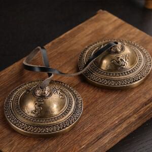 수제 구리 Tingsha 벨 네팔 심벌즈 Tinkle Bell with Bag 레트로 티베트어 요가 명상 각성 타악기 선물