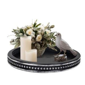 둥근 양초 트레이 홀더, 장식용 우드 청록색 기둥 플레이트, 작은 소박한 홀더 농가 테이블 중앙 장식품 크리스마스 결혼식 할로윈 홈 데코(블랙)