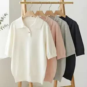 [샵앤] 여성 카라넥 반오픈 심플 비스코스 반팔 니트티 DGB-WKN-2512