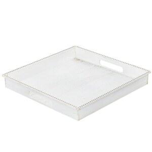 손잡이가 달린 MAONAME 빈티지 화이트 서빙 트레이, 농가 구슬 장식 사각 커피 테이블 거실용 플라스틱 오스만 욕실 장식, 12인치 x 1.4인치