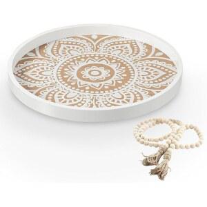 나무 구슬 화환이 있는 UBTKEY 대형 원형 장식 트레이, 농가 커피 테이블 테이블용 서빙 트레이 가정용 주방 카운터 장식, 17.7인치