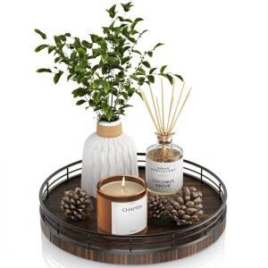 커피 테이블 주방 식탁 장식용 원형 나무 장식 트레이 - 거실 장식, 향수, 식물, 욕실 액세서리를 위한 소박한 농가 중앙 (10인치 소박한)