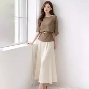 고급핏 보트넥 반팔 니트 투피스 롱스커트 세트 하객룩 데일리룩 치마