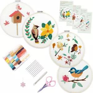 Bon 초보자용 자수 세트 4개입 아트 공예 쉬운 바느질 천 도안 자수틀 설명서 다채로운 실과 바늘