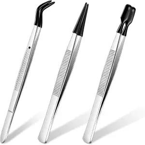 호노슨 3피스 핀셋 고무 팁 포함 PVC 코팅 세트 스트레이트 플랫 롱 벤트 공예용 스탬프 비즈 주얼리 도구