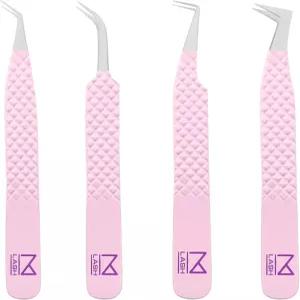 속눈썹 연장용 MRASH 핀셋 4개 세트 - 전문가용 파이버 팁 일본 강철 다이아몬드 그립 라일락