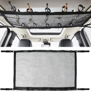 Klmnop 자동차 낚싯대 홀더 5봉 용량과 지퍼가 있는 이중층 천장 보관망 접이식 메쉬 차량 내부블랙