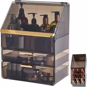 서랍과 립스틱 홀더가 있는 대형 3단 메이크업 정리함 욕실 조리대용 방진 방수 스킨케어 보관함 베니티