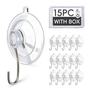 사이라보타 클리어 흡입 컵 후크 15팩, 강력한 10파운드 고정, 노드릴 탈착식 및 방수 후크가 있는 1.77인치 헤비 듀티 벽 유리 창문 장식 샤워 욕실 타일 주방(15개)