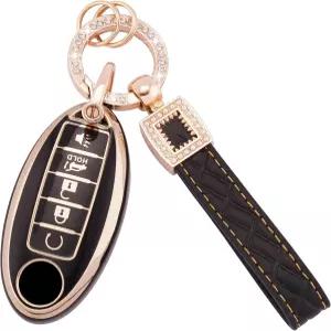 닛산 키포브 커버용 EKALA 5 버튼 소프트 TPU 풀 보호 케이스 쉘 가죽 키체인 블랙 골드 핏 알티마 로그