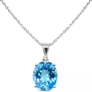 KOCAV 정품 블루 토파즈 5-7/8 Ct 타원형 다이아몬드 액센트 펜던트 14K 화이트 골드
